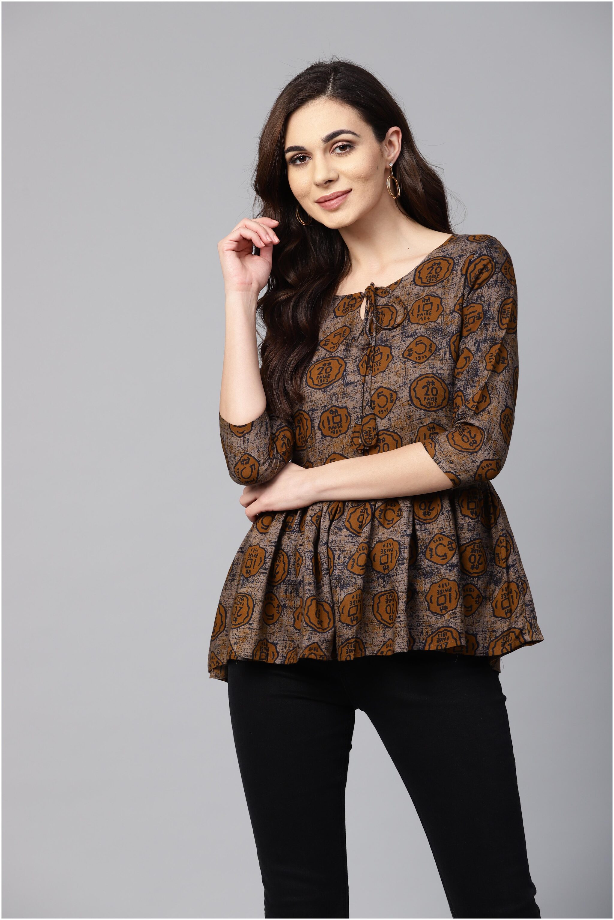 

Myshka Women Printed Regular top - Brown