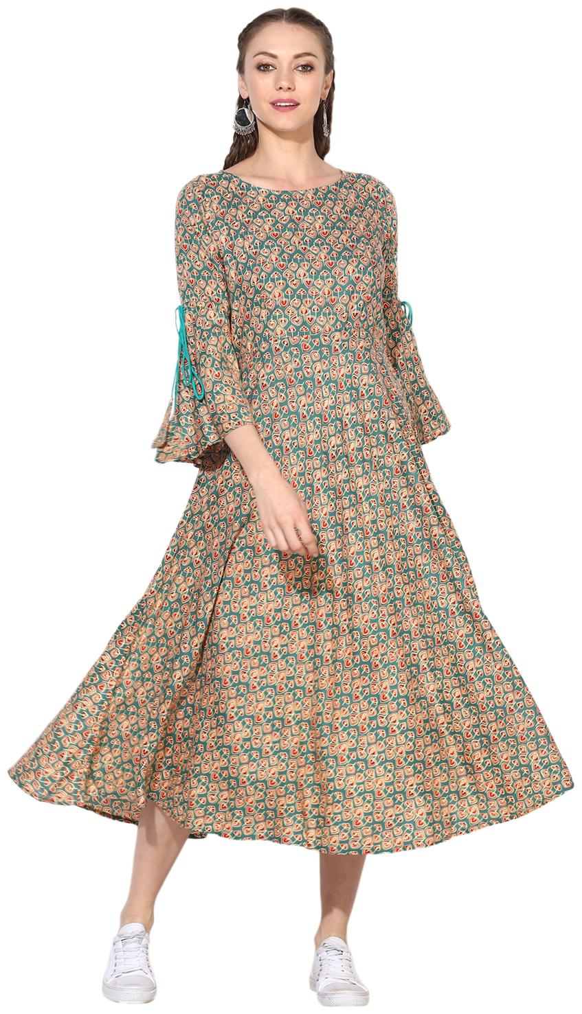 

Myshka Green Printed Fit flare dress