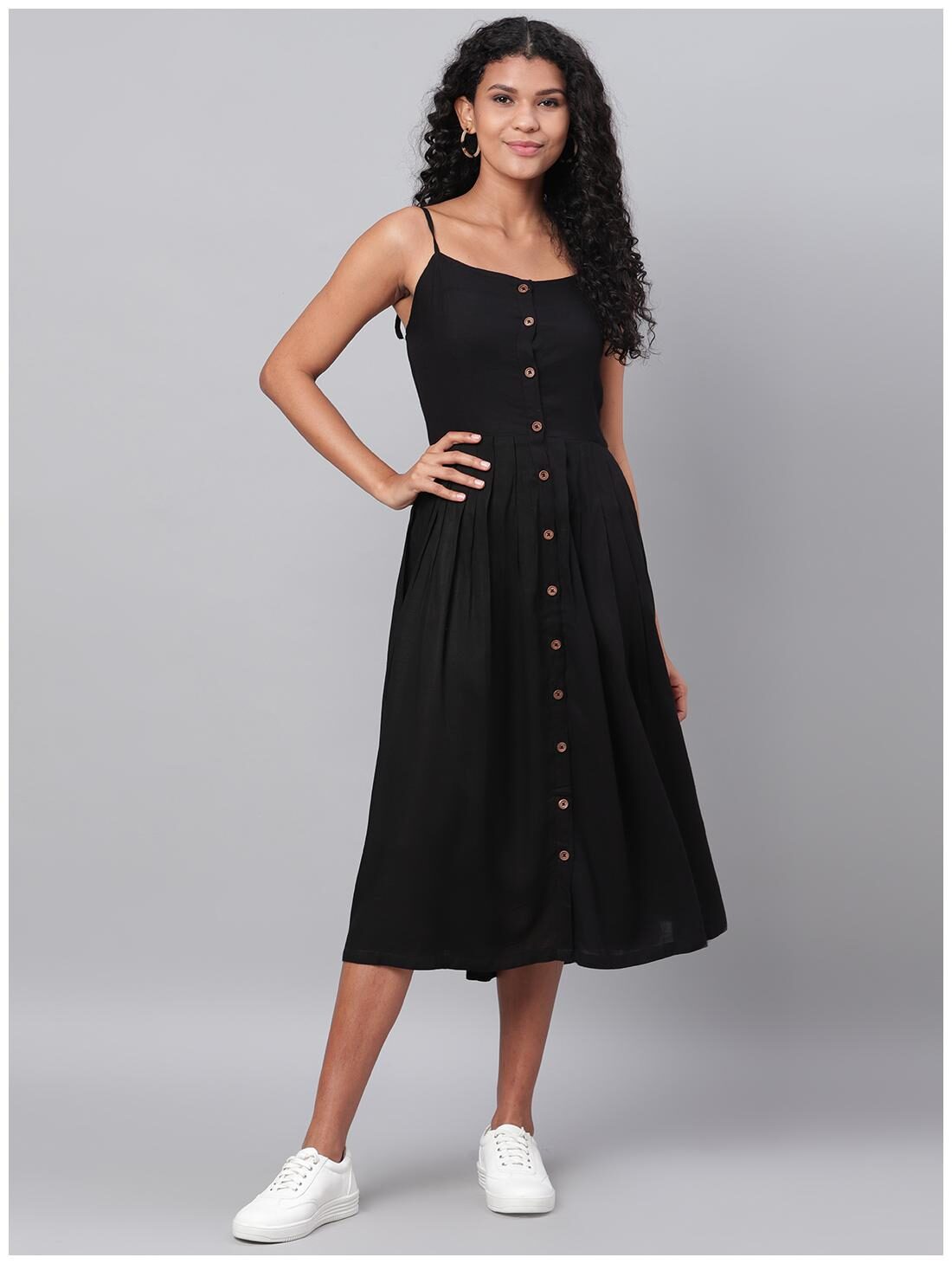 

Myshka Women Cotton Solid Black A Line Dress