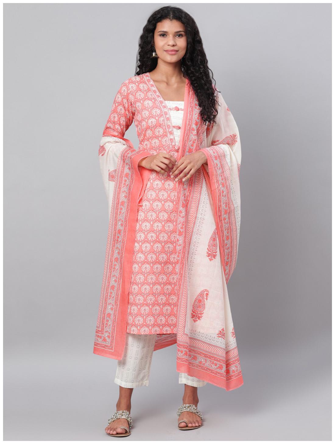 

Myshka Women Pink Floral Straight Kurta With Pants And Dupatta
