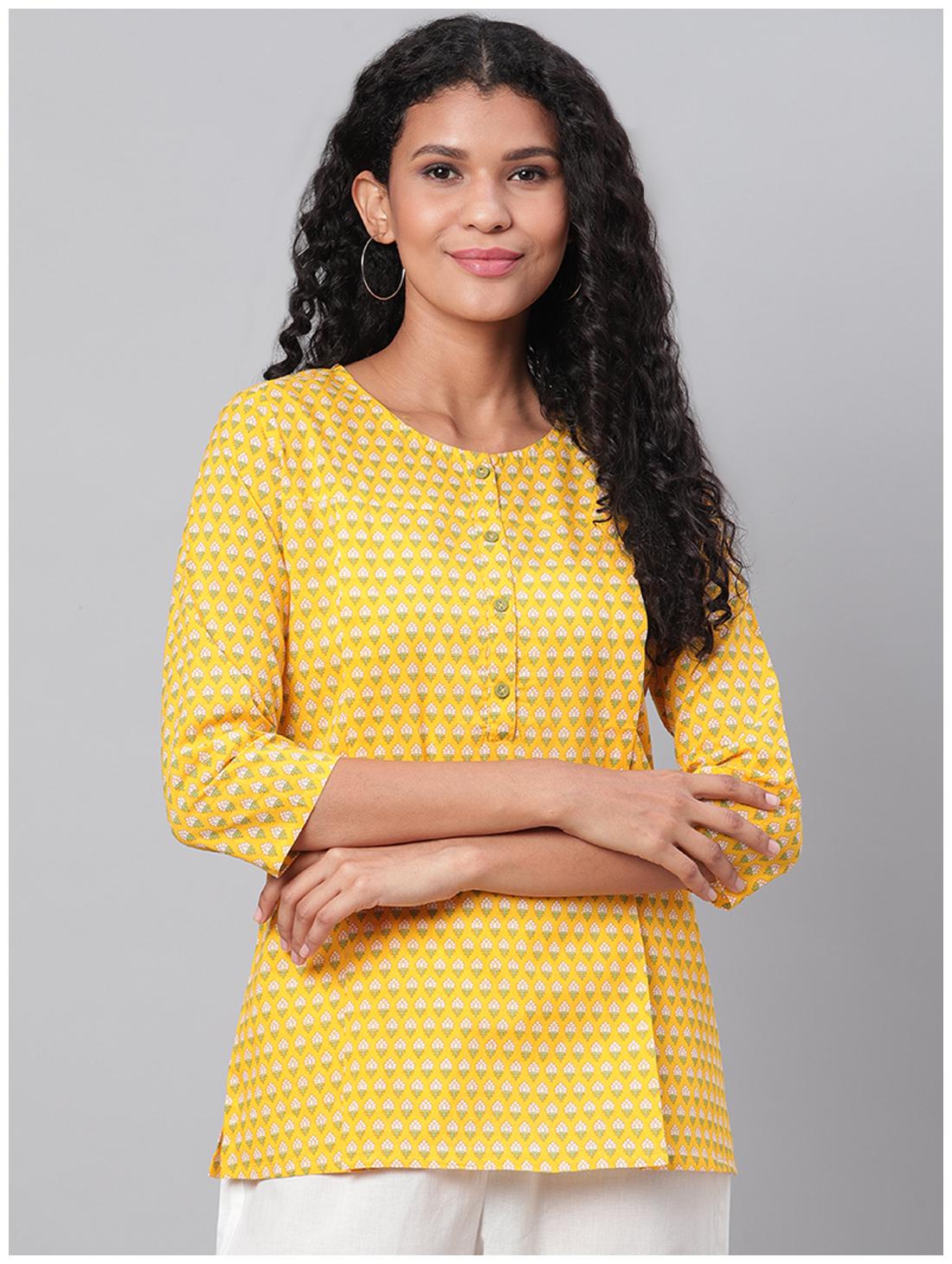 

Myshka Women Cotton Printed Yellow A Line