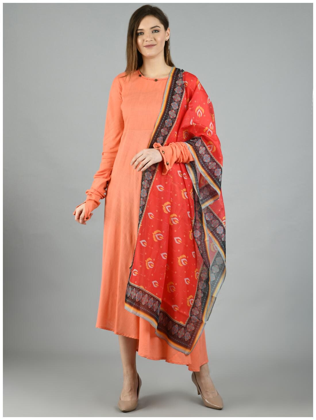 

Myshka Peach Solid Fit flare dress