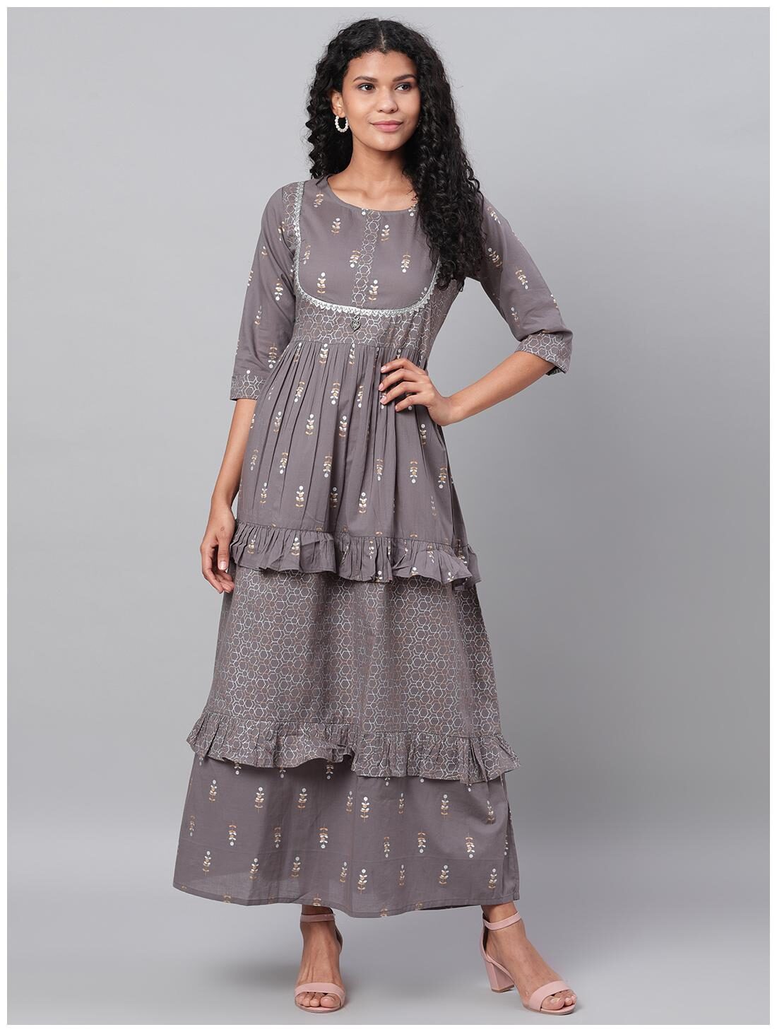 

Myshka Women Cotton Printed 3 4th Sleeves A Line Dress (Grey)