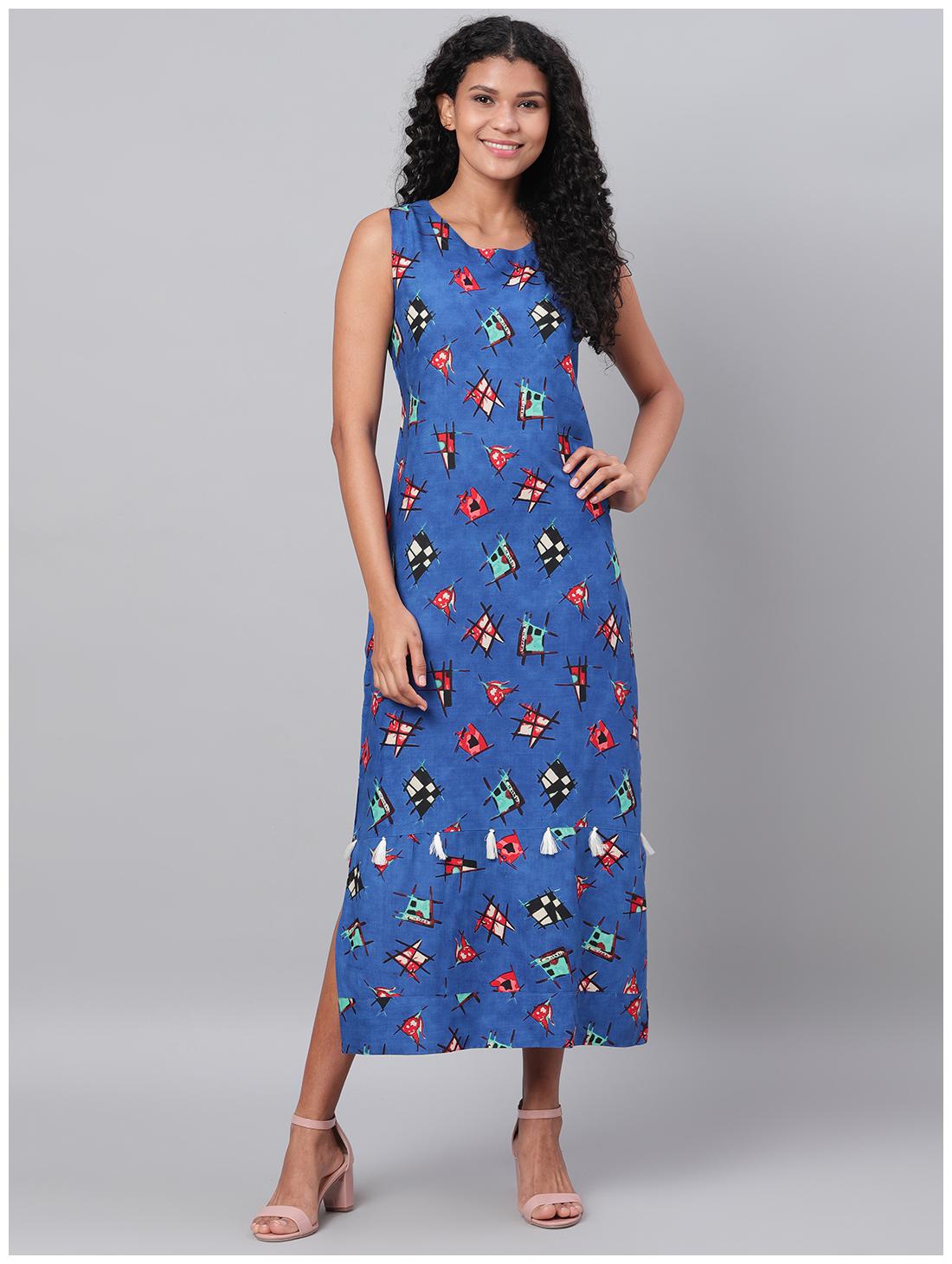 

Myshka Women Viscose Rayon Printed Blue A Line Dress