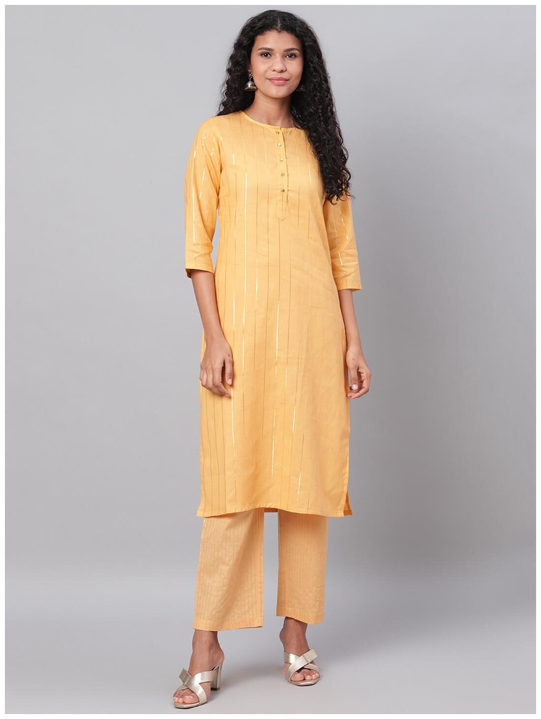 

Myshka Women Yellow Striped Straight Kurta With Pants