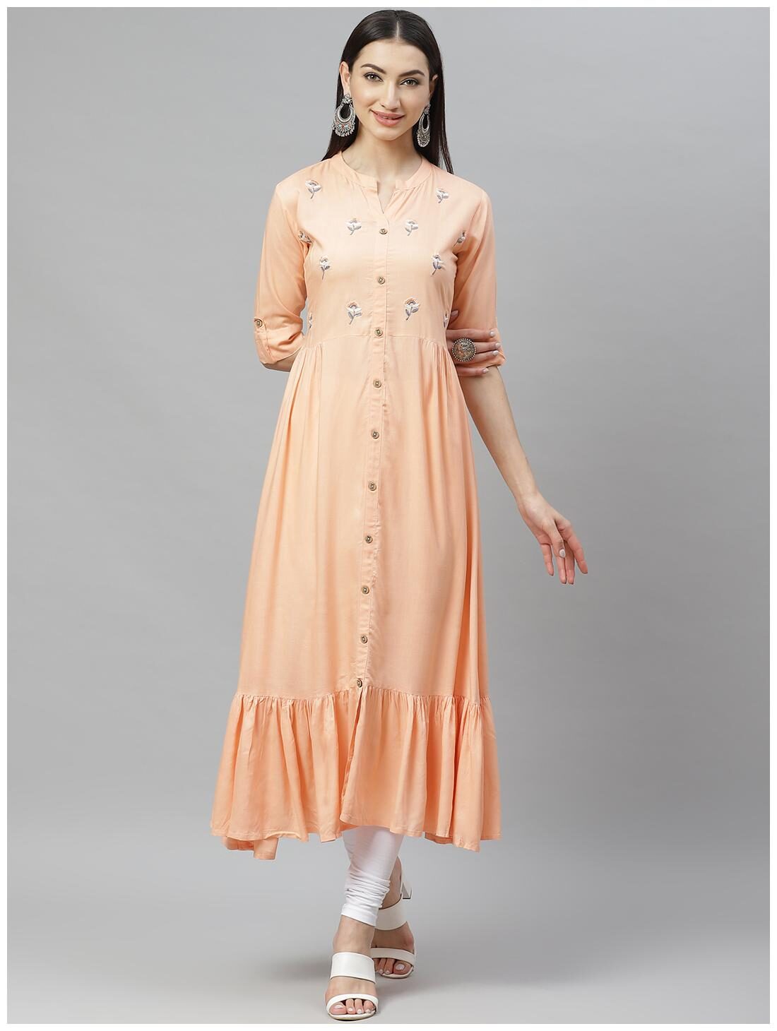 

Myshka Women Peach Floral Regular Kurti