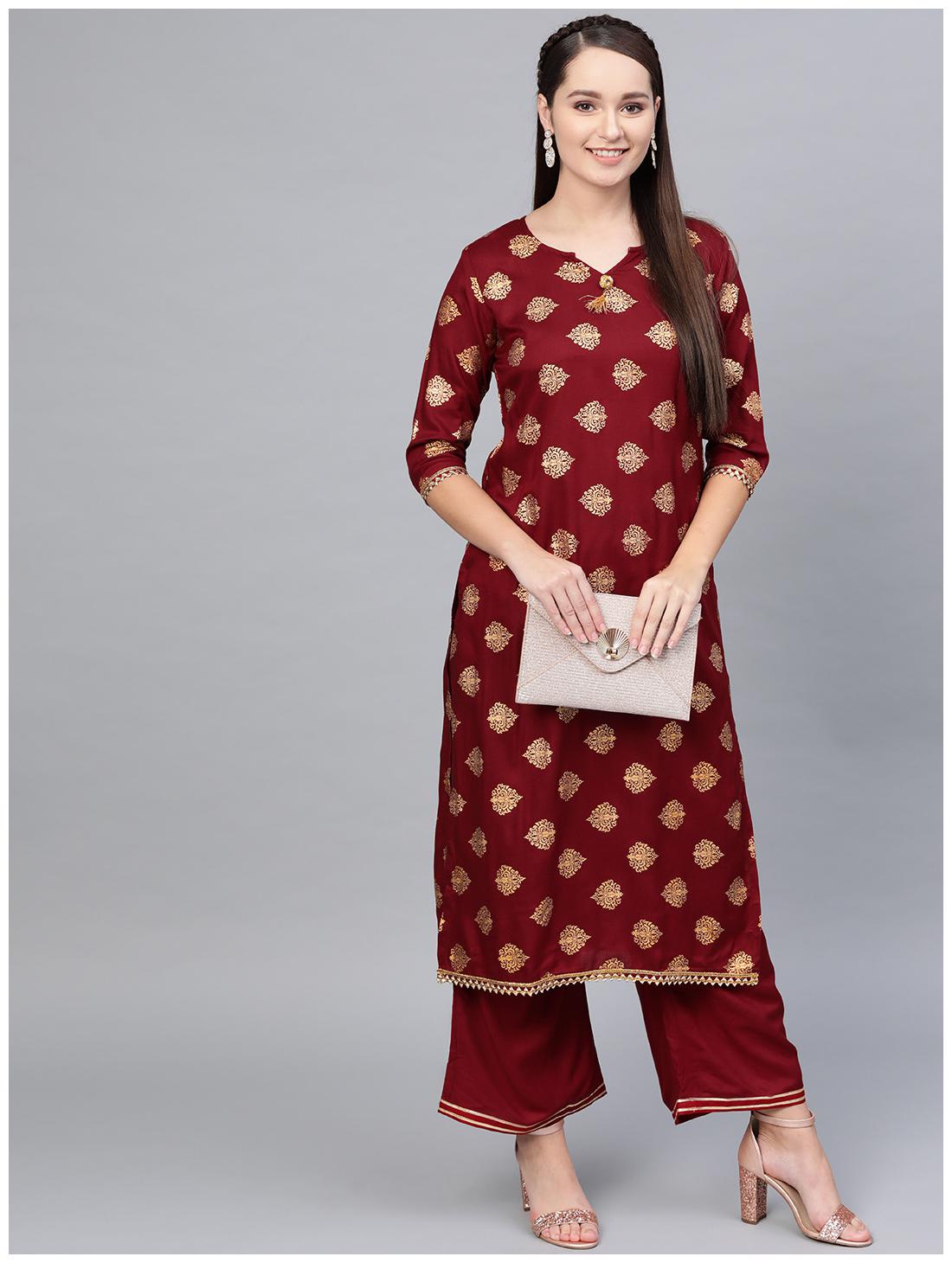 

Myshka Women Maroon Printed Regular Kurta With Palazzo
