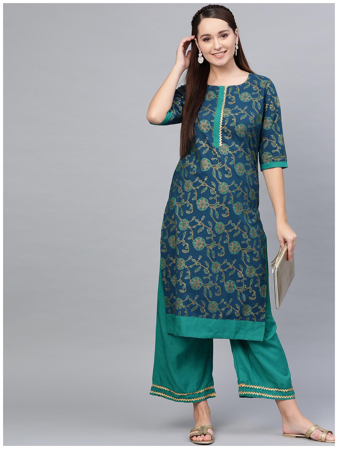 

Myshka Women Green Floral Regular Kurta With Palazzo