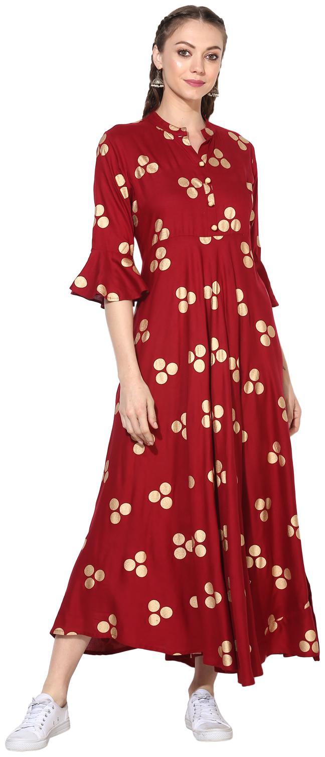 

Myshka Maroon Printed Maxi dress