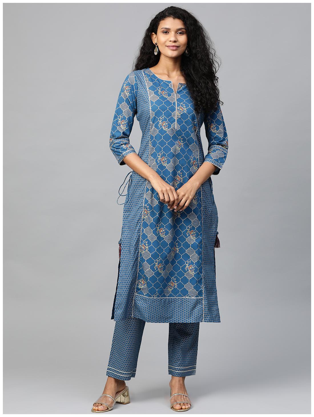 

Myshka Women Navy Blue Printed Straight Kurta With Pants