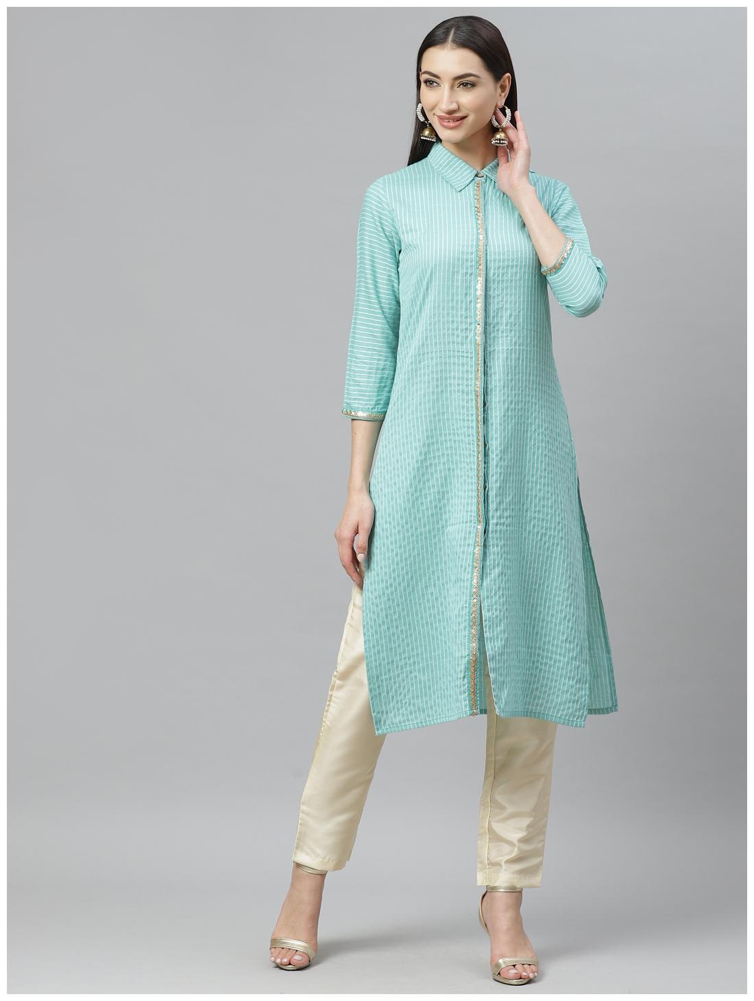 

Myshka Women Turquoise Striped Regular Kurti