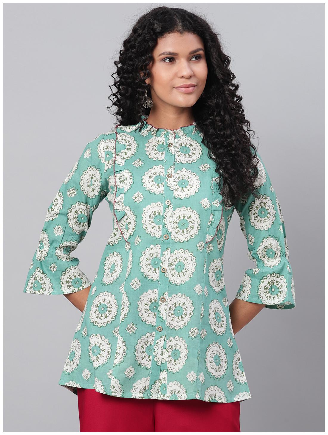 

Myshka Women Cotton Printed Green A Line