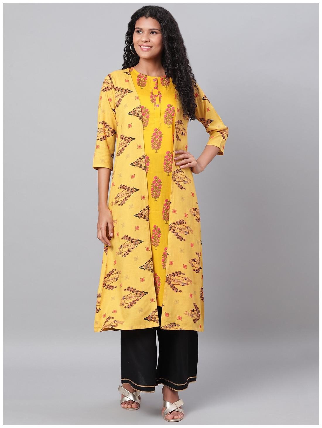 

Myshka Women Yellow Printed Straight Kurta With Skirt