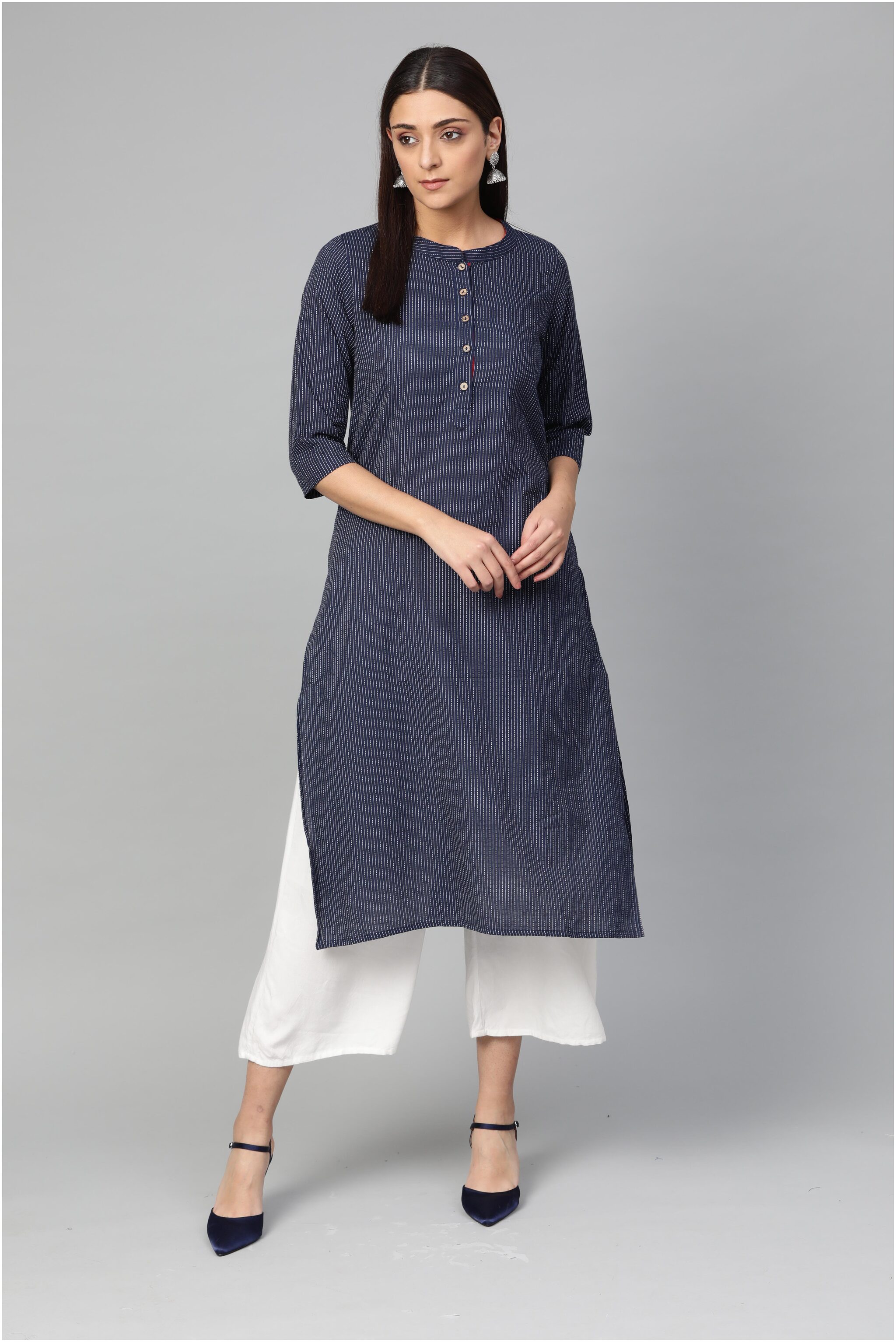 

Myshka Women Navy Blue Striped Straight Kurta