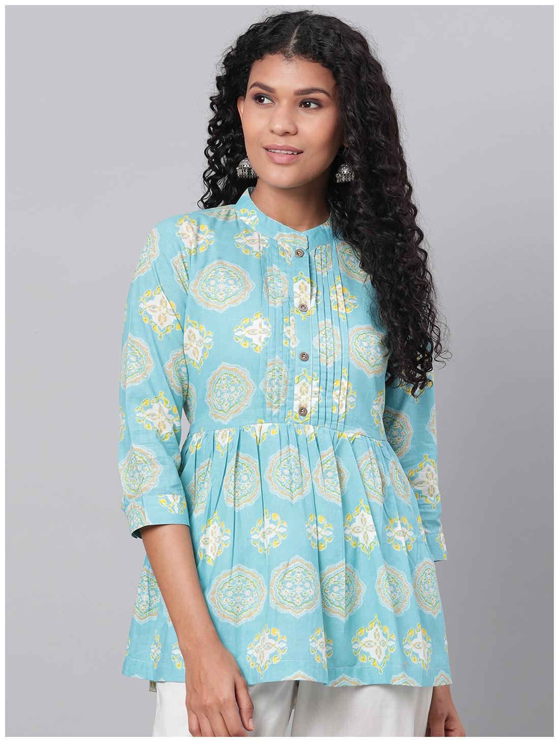 

Myshka Women Cotton Printed Green A Line