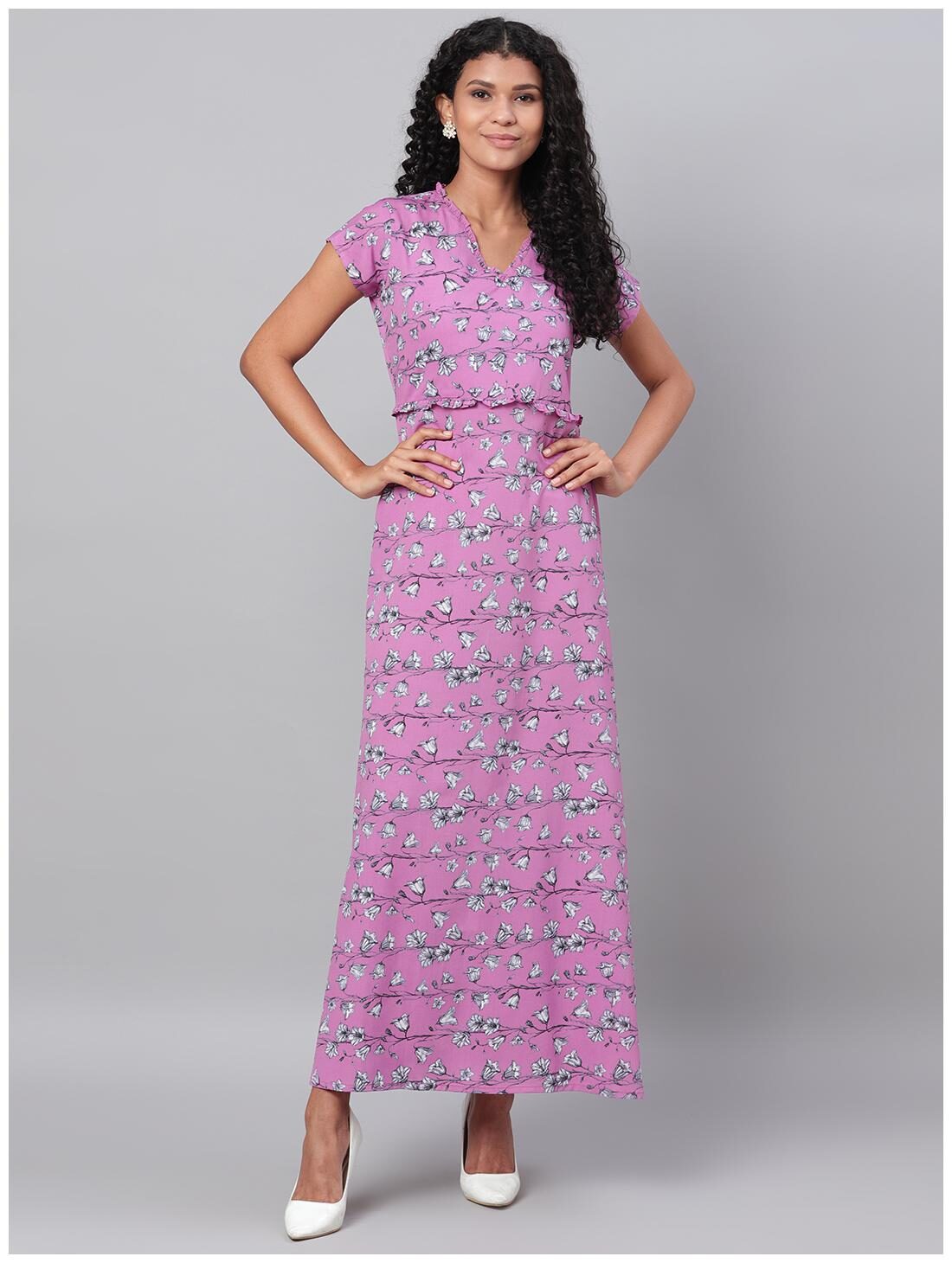 

Myshka Women Polyester Floral Shorts Sleeves A Line Dress (Purple)
