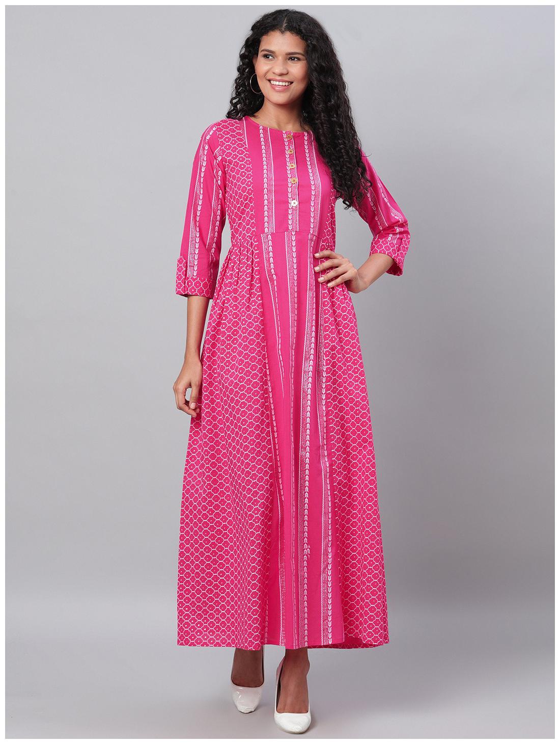 

Myshka Women Cotton Solid 3 4th Sleeves A Line Dress (Pink)
