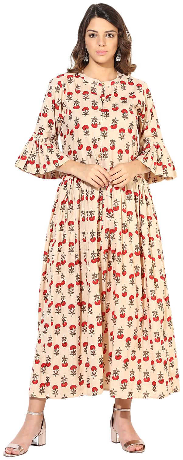 

Myshka Women Cotton Printed Flounce Sleeve A-Line Kurti