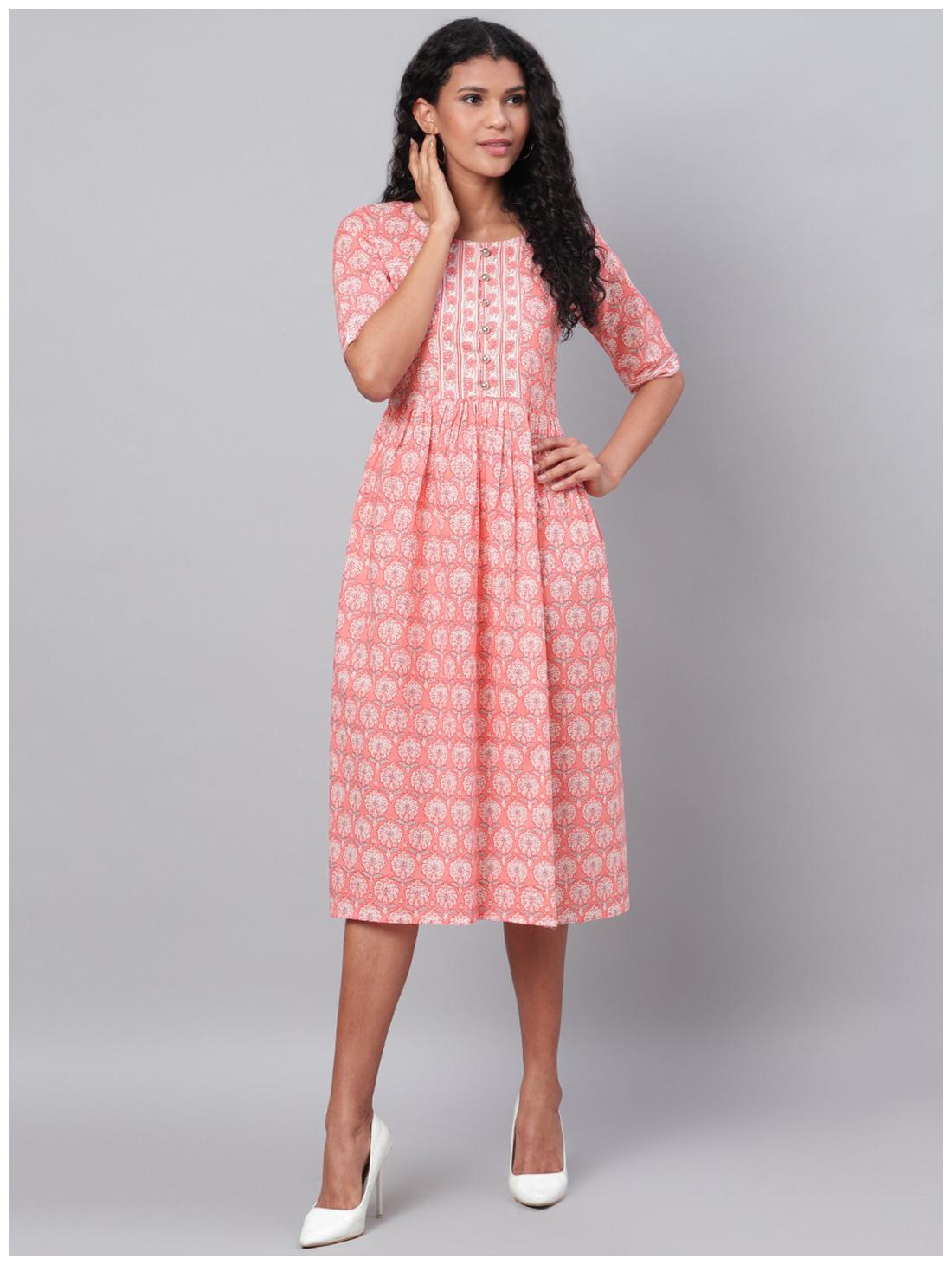 

Myshka Women Cotton Floral Half Sleeves A Line Dress (Peach)