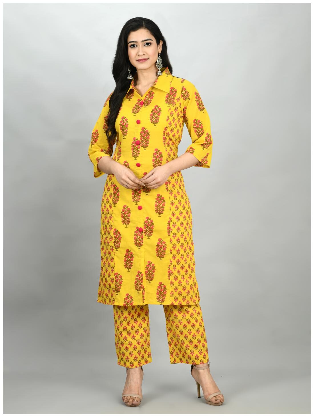 

Myshka Women Yellow Floral Regular Kurta With Pants