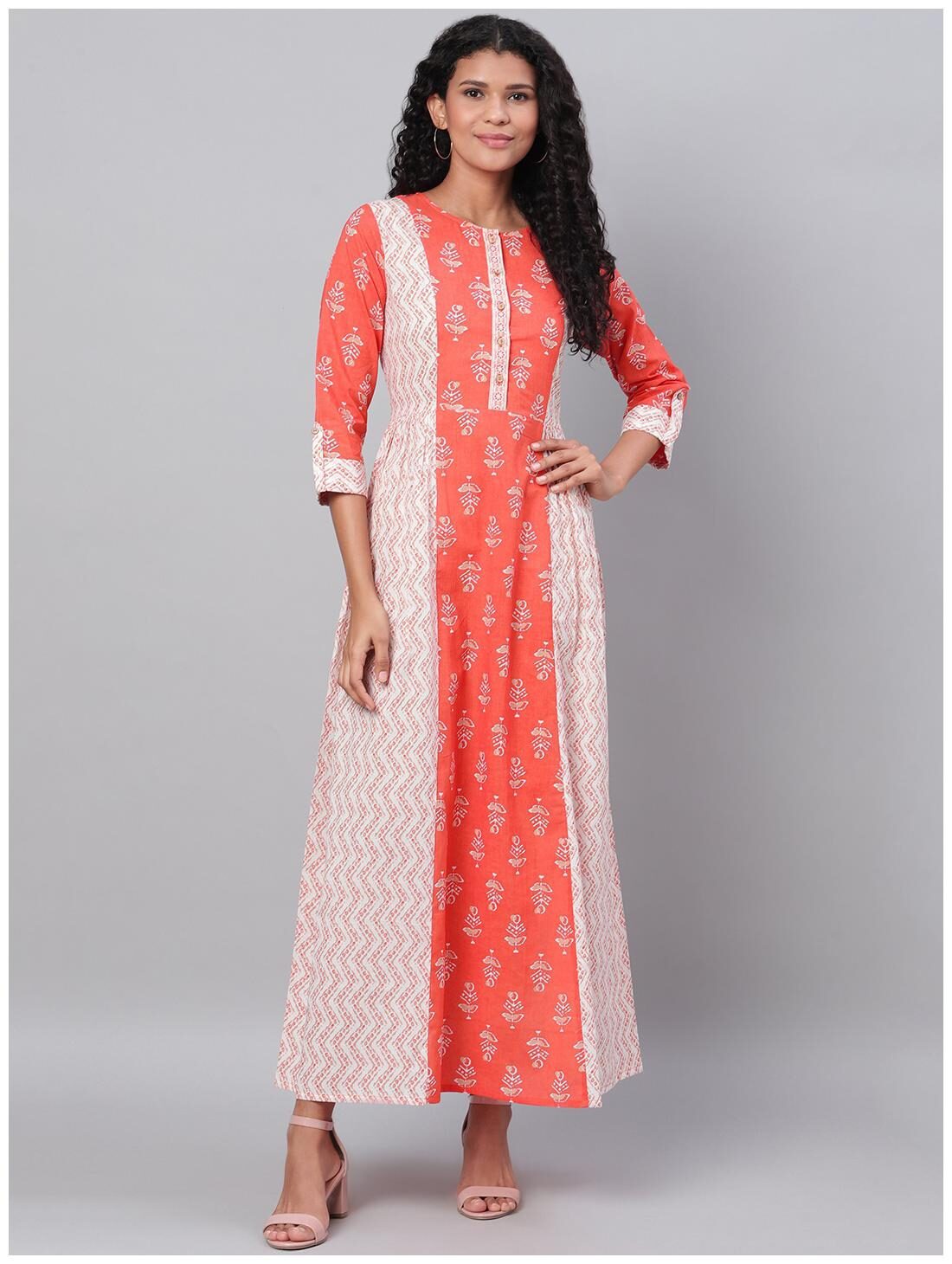 

Myshka Women Cotton Printed Orange White A Line Dress