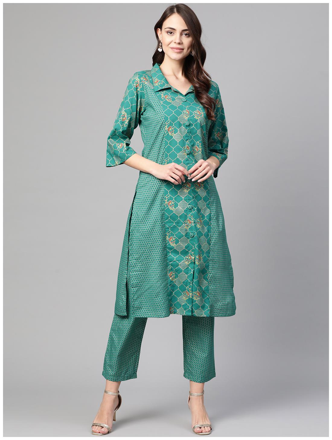 

Myshka Women Green Floral Straight Kurta With Pants