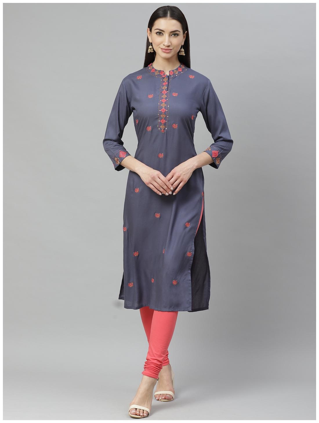 

Myshka Women Grey Embroidered Regular Kurti