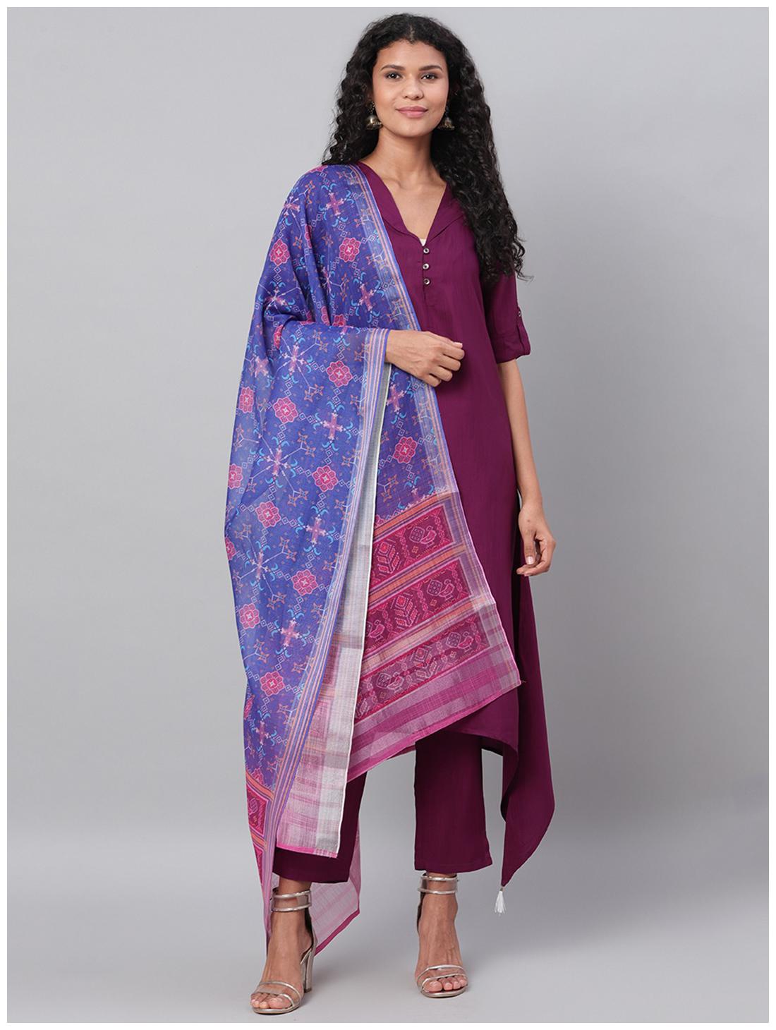 

Myshka Women Purple Solid Regular Kurta With Pants And Dupatta