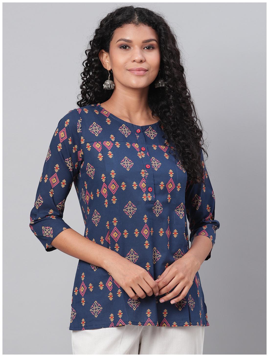 

Myshka Women Cotton Printed Navy Blue A Line