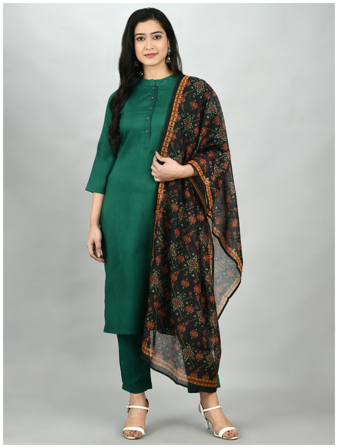 

Myshka Women Green Solid Regular Kurta With Pants And Dupatta