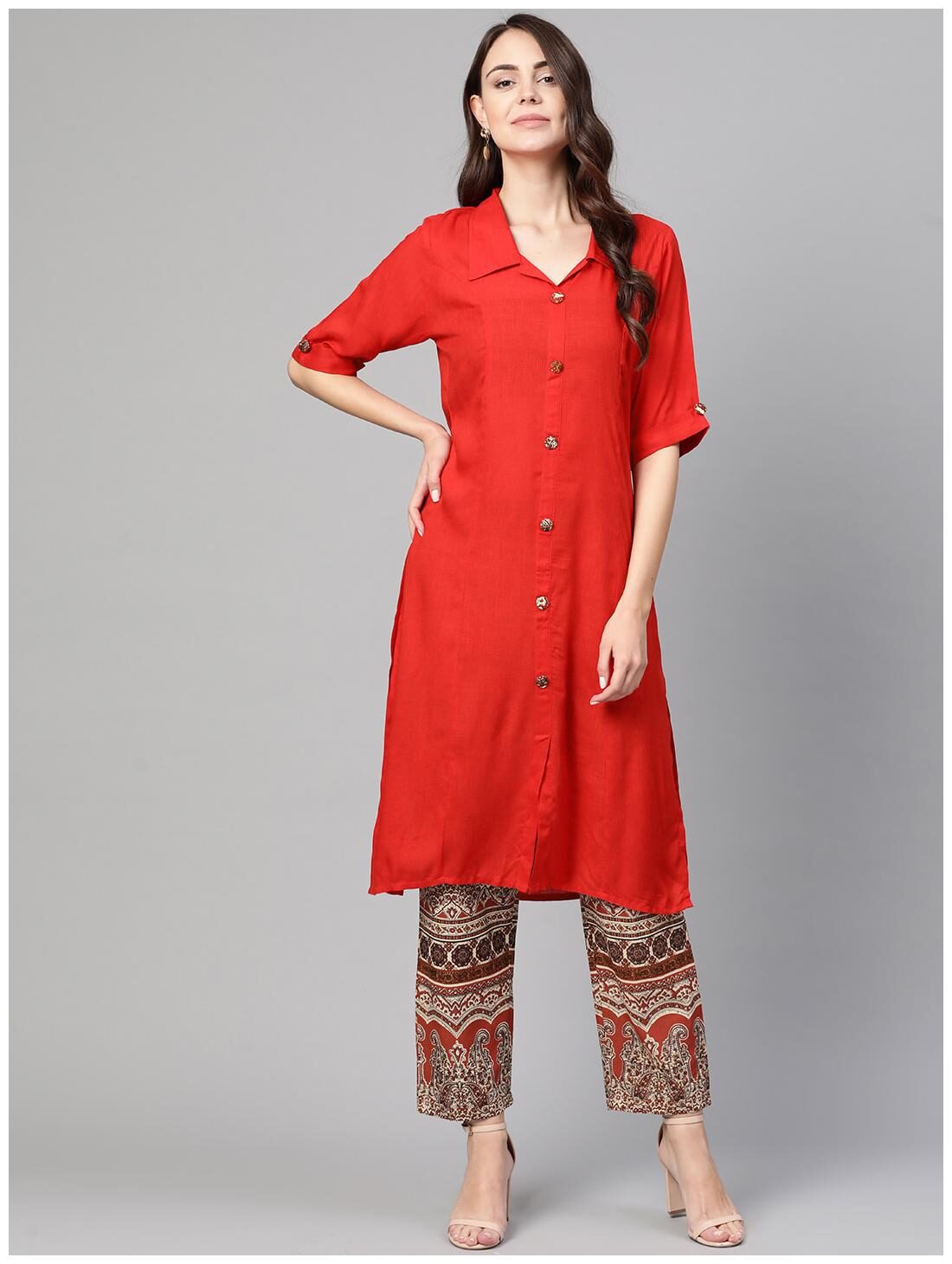 

Myshka Women Red Solid Straight Kurta With Pants