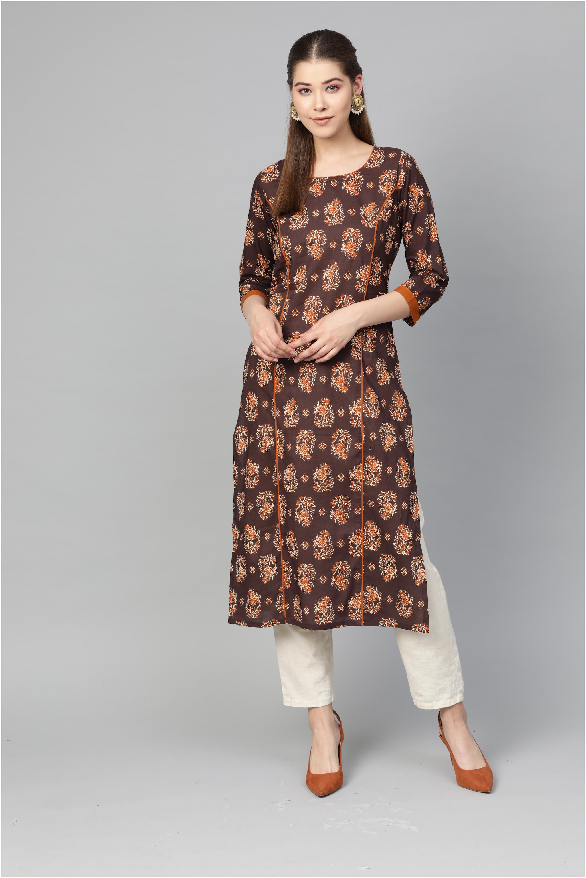 

Myshka Women Brown Floral Straight Kurta