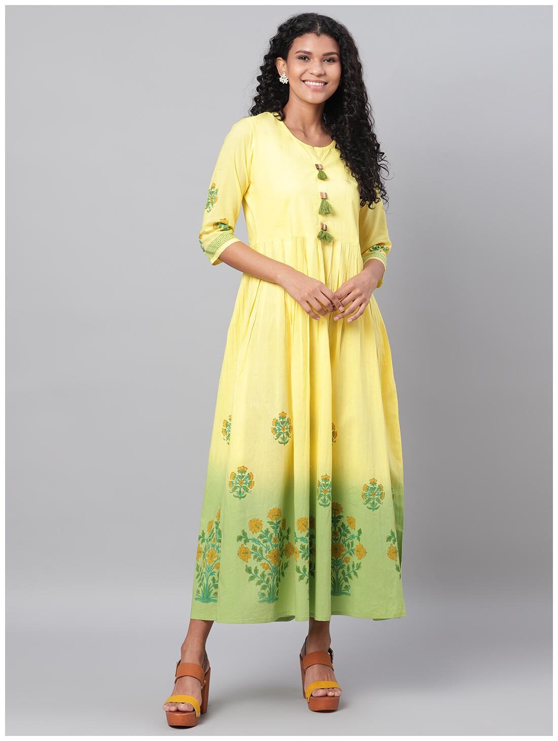 

Myshka Women Cotton Floral 3 4th Sleeves A Line Dress (Yellow)
