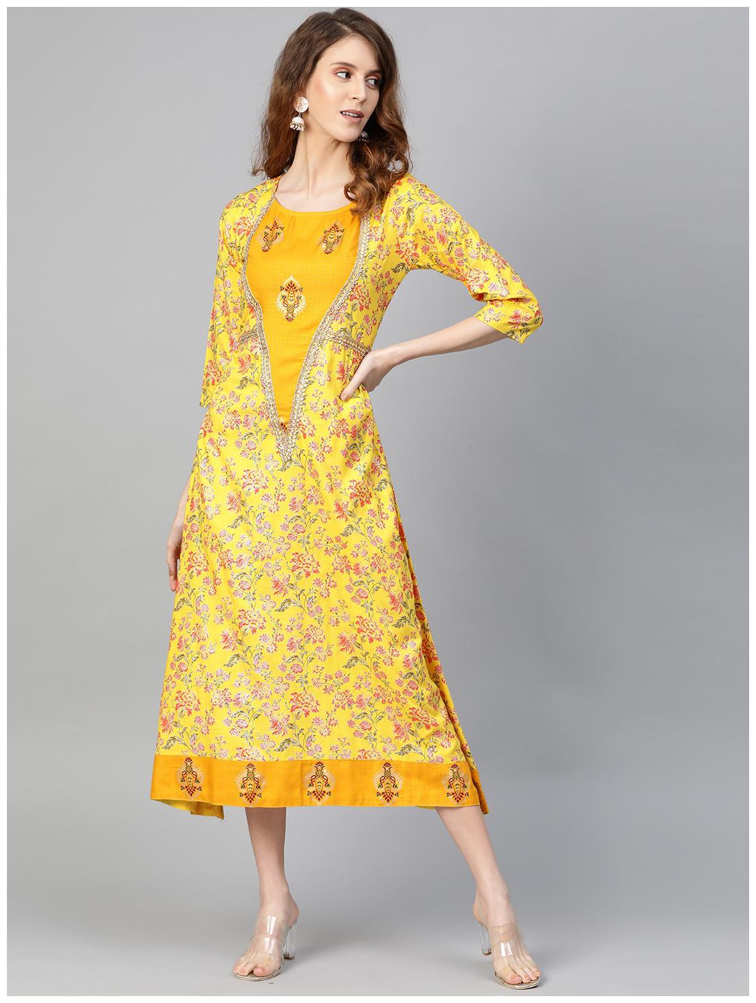 

Myshka Women Cotton Floral 3 4th Sleeves A Line Dress (Yellow)