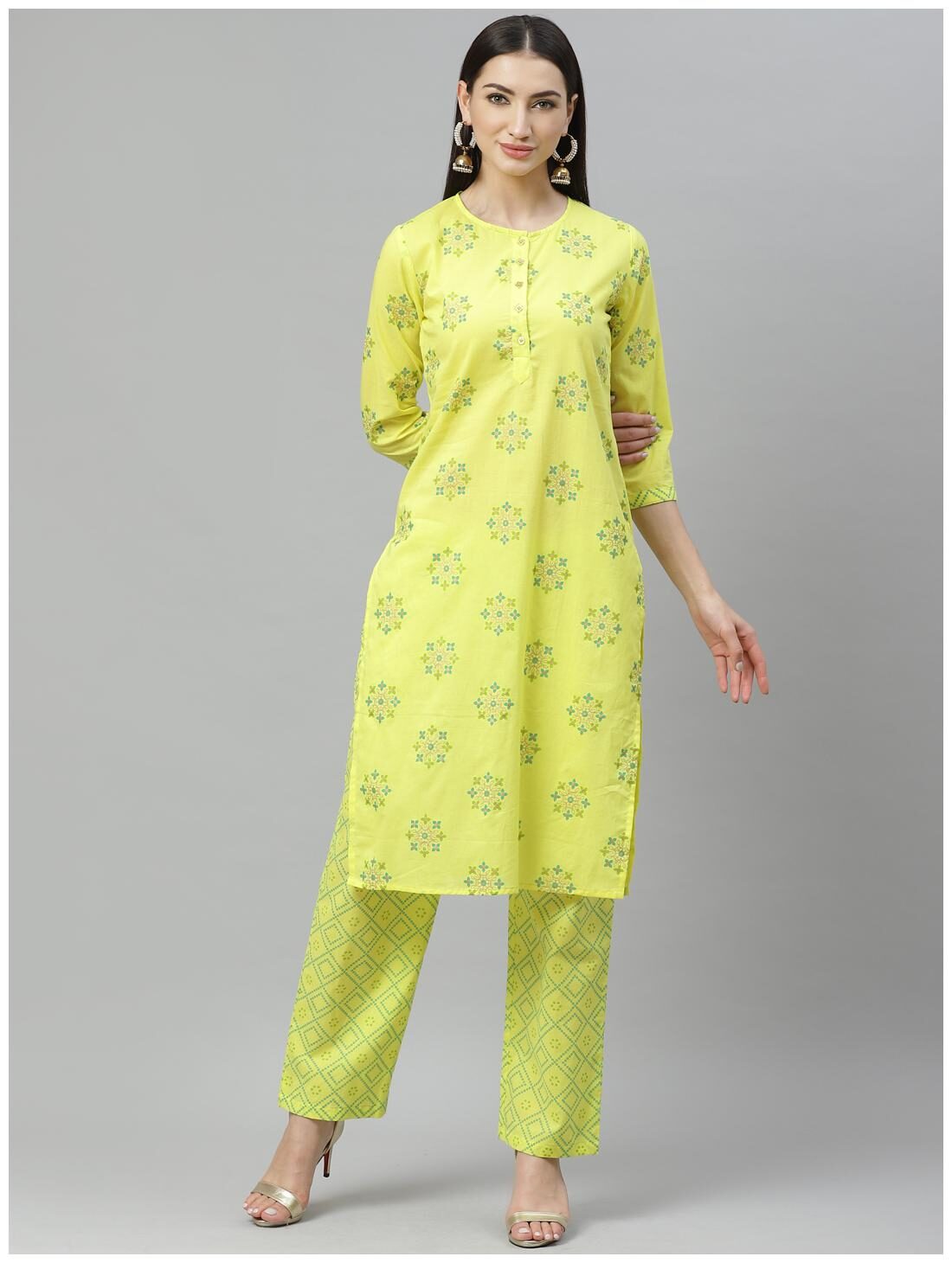 

Myshka Women Yellow Floral Regular Kurta With Pants