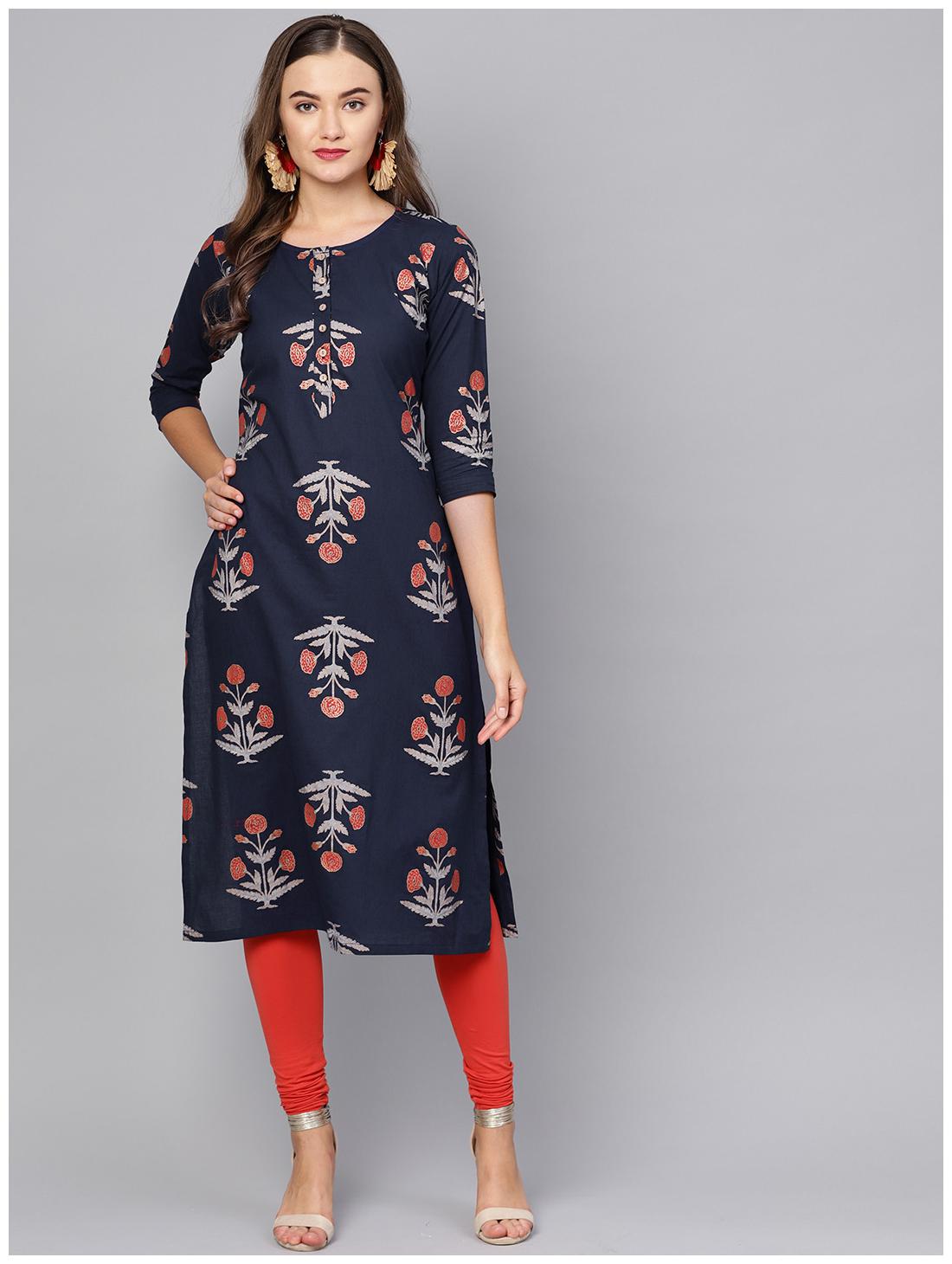 

Myshka Women Blue Printed Straight Kurta