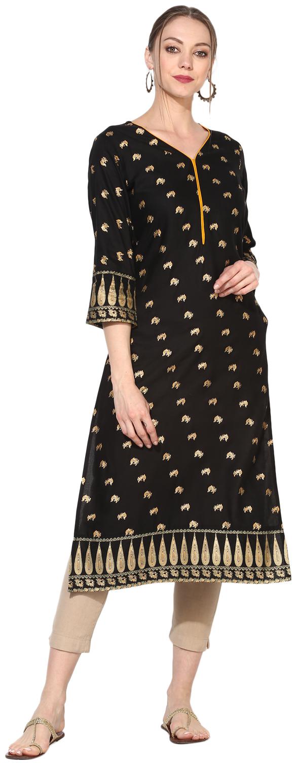 

Myshka Women Black Floral Straight Kurta