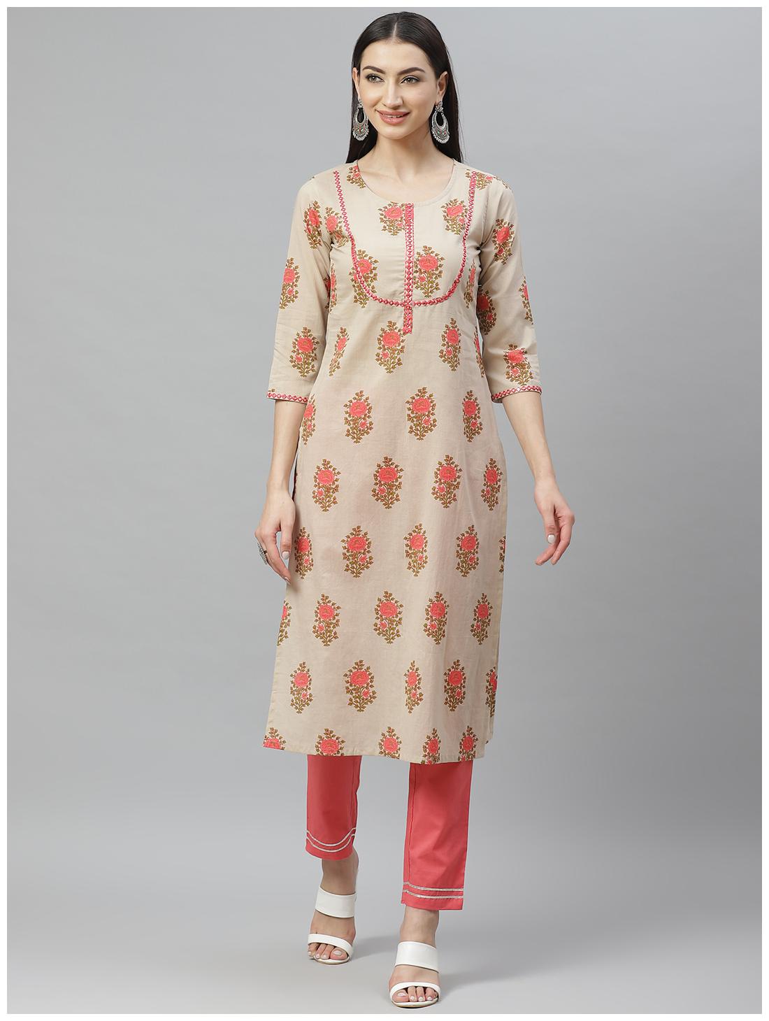 

Myshka Women Beige Floral Regular Kurta With Pants