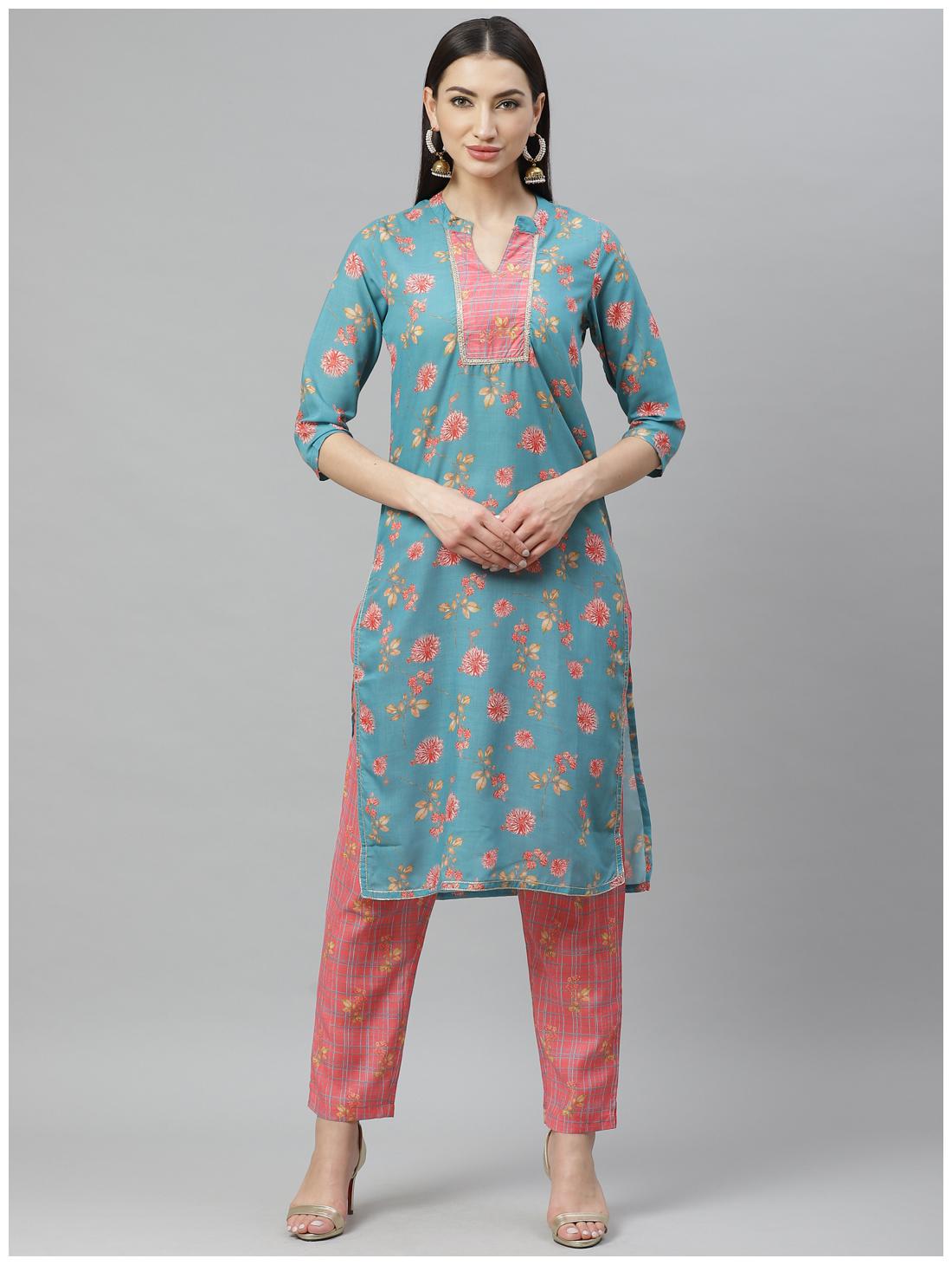 

Myshka Women Blue Floral Regular Kurta With Pants