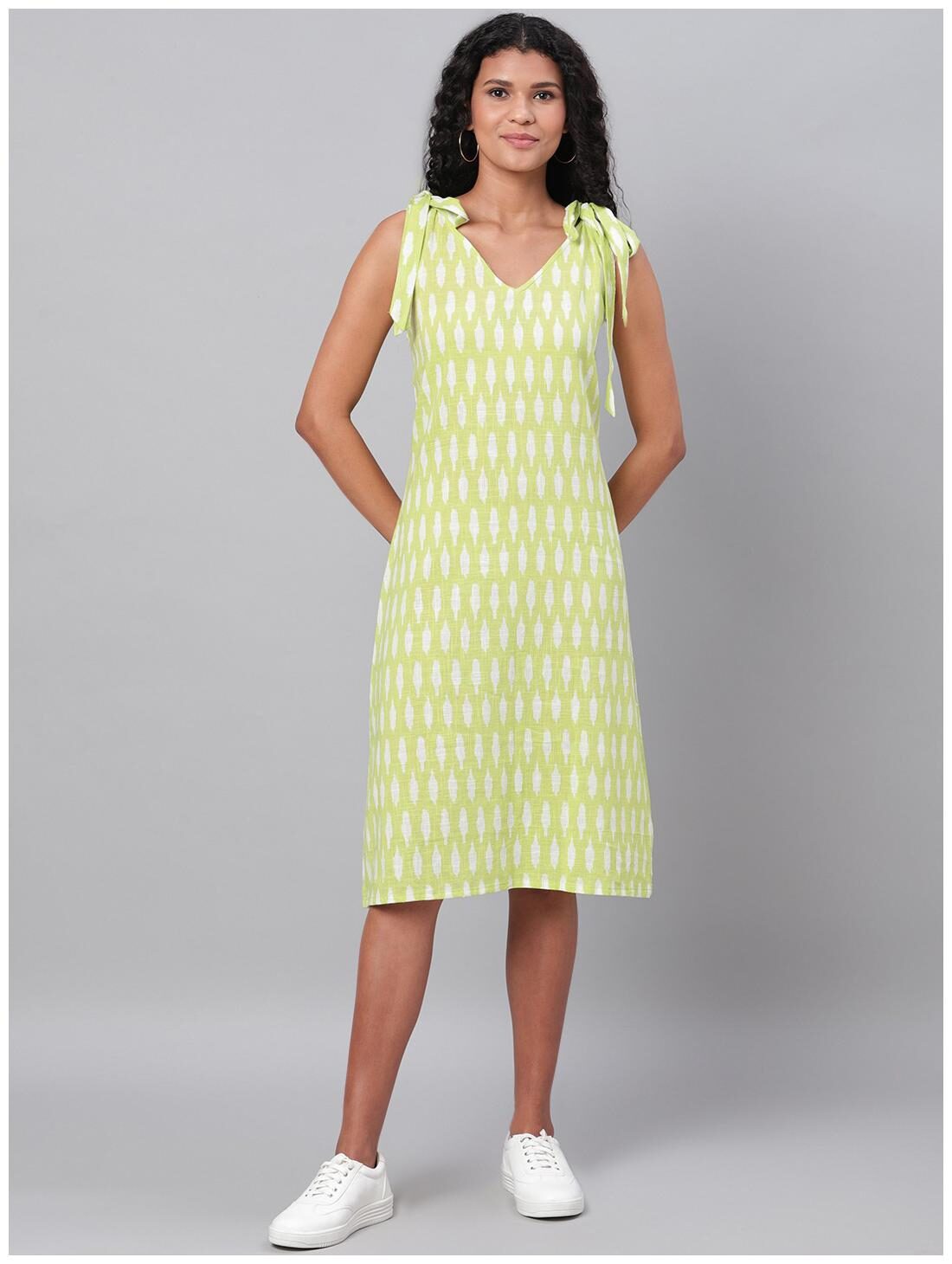 

Myshka Women Cotton Printed Green A Line Dress