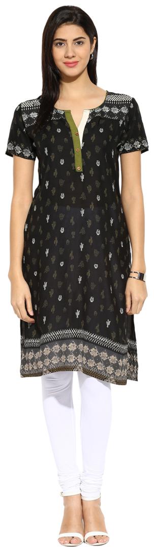 

Mytri Black Printed Cambric Half Sleeve Sweetheart Neck Kurta