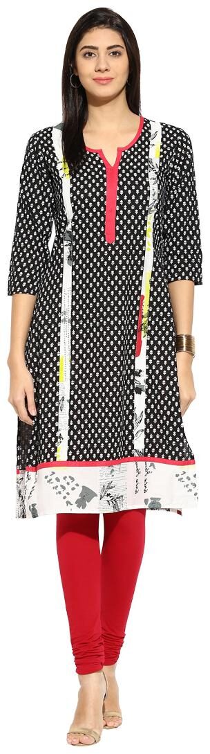 

Mytri Black Printed Rayon 3 4th Sleeves Sweetheart Neck Kurta