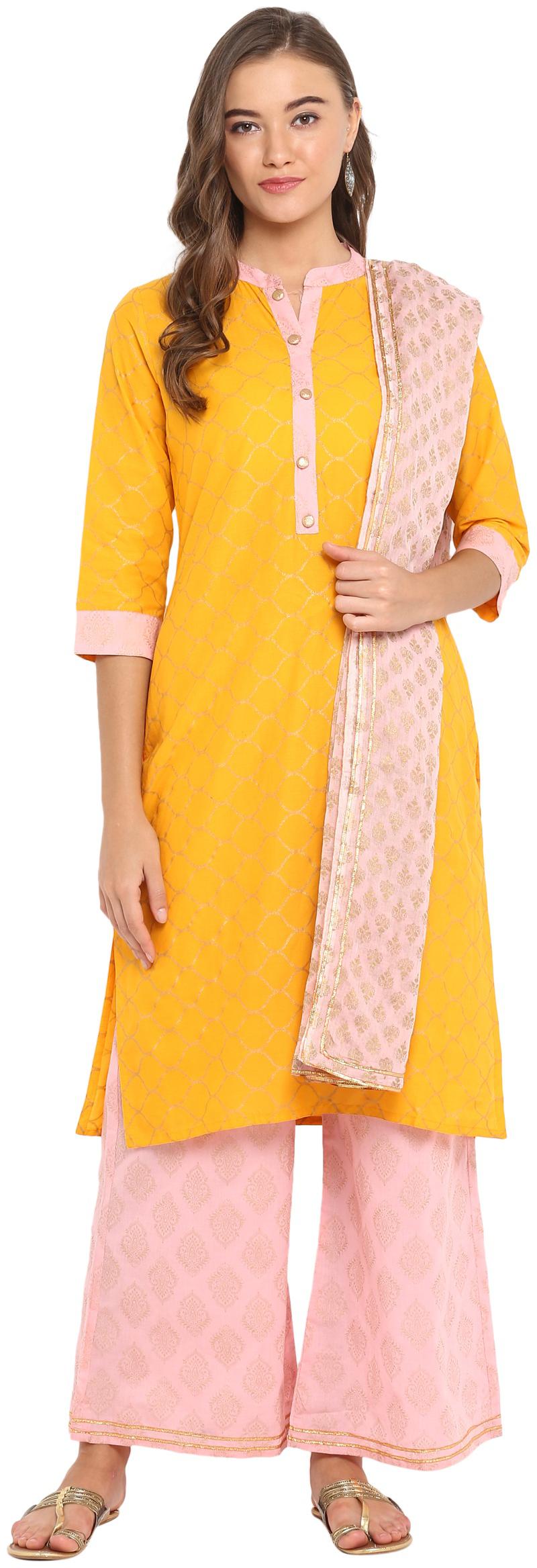 

Mytri Cotton Straight Print Straight Stitched Kurta With Palazzo Dupatta