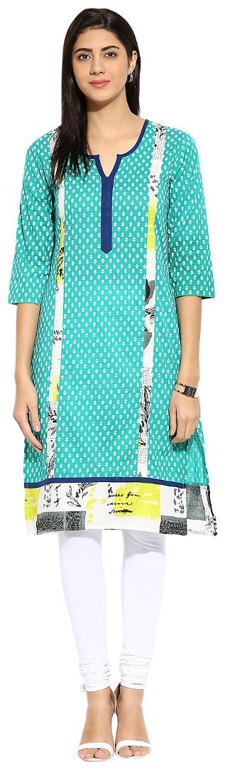 

Mytri Green Printed Rayon 3 4th Sleeves Sweetheart Neck Kurta