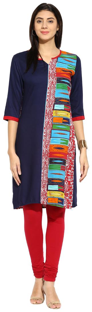 

Mytri Navy Printed Rayon 3 4th Sleeves Sweetheart Neck Kurta