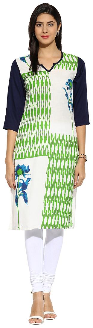

Mytri Off White Green Printed Rayon 3 4th Sleeves Sweetheart Neck Kurta
