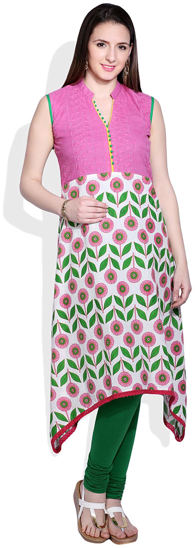 

Mytri Pink Cotton A-Line Embroidered Long Kurta