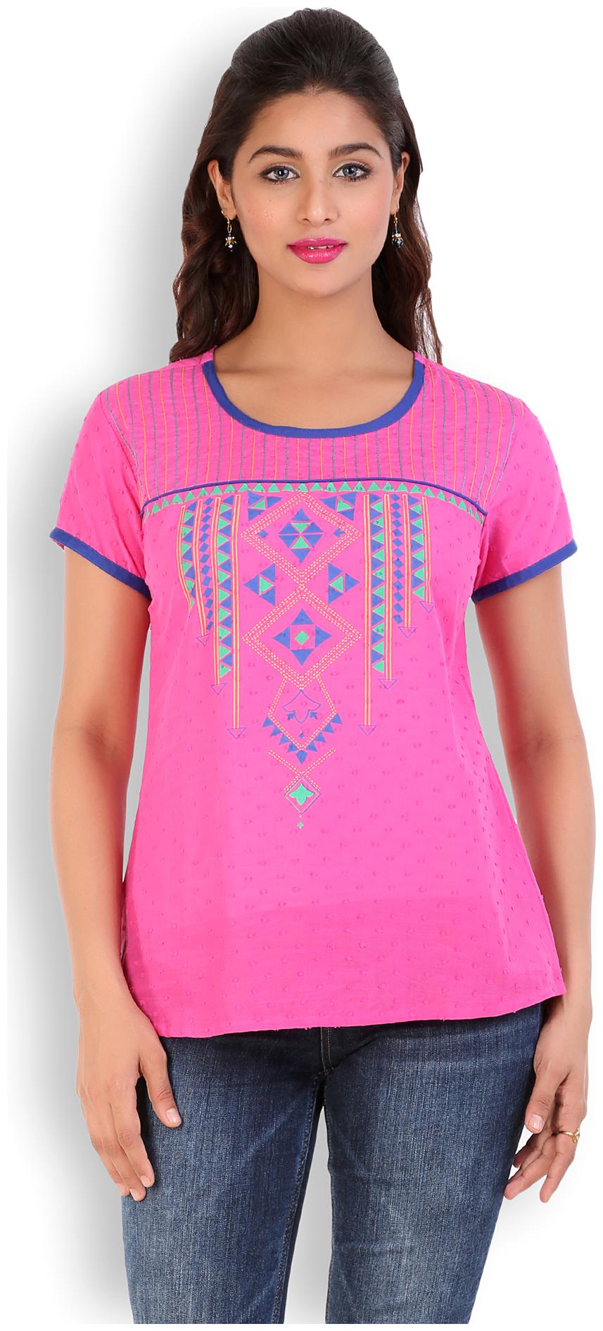 

MYTRI Women Pink Regular fit Round neck Cotton T shirt