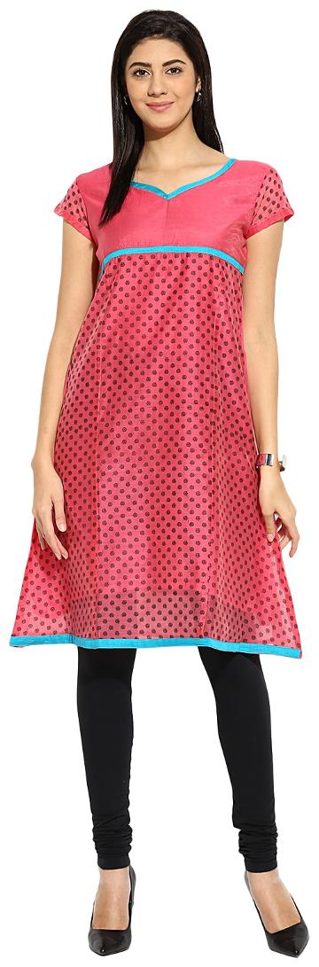 

Mytri Pink Printed Chanderi Cap Sleeves A-line Kurta