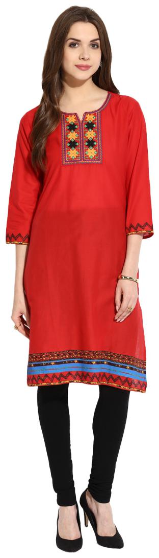 

MYTRI Women Red Embroidered Straight Kurta